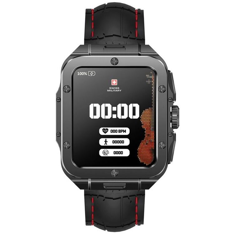 ساعة سويس ميليتاري ألبس 2، شاشة عالية الدقة مقاس 1.85 بوصة، ذاكرة مدمجة 4 جيجابايت، اكتشاف التمرين، مراقبة ضغط الدم ومستوى الأكسجين، إجراء واستقبال المكالمات - إطار معدني وحزام سيليكون أسود