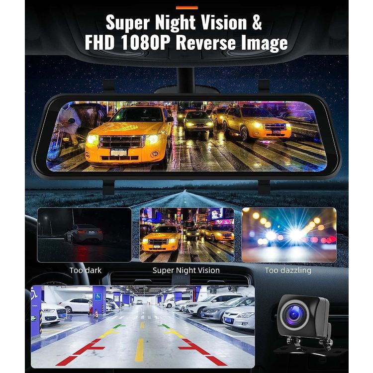 كاميرا احتياطية ثلاثية الاتجاهات CLAYTON 1136 HD Mirror Dash مسجل، Carplay/Android Auto، تصوير خلفي