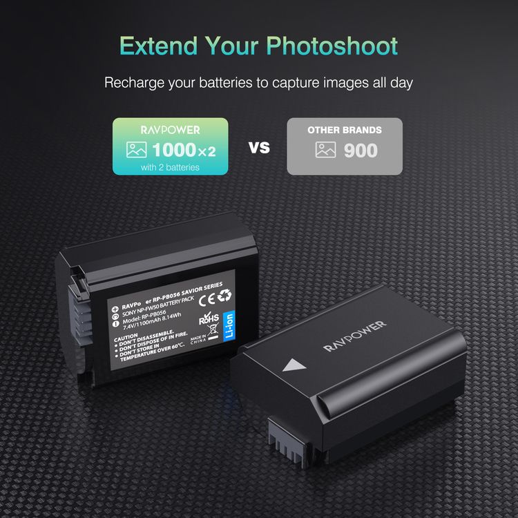 RAVPower NP-FW50 Camera Battery Charger Set with Moistureproof Case Compatible for Sony A6000, A6500, A6300, A7, A7II, A7SII, A7S, A7S2, A7R, A7R2, A7RII, A55 (2-Pack, 1100mAh)