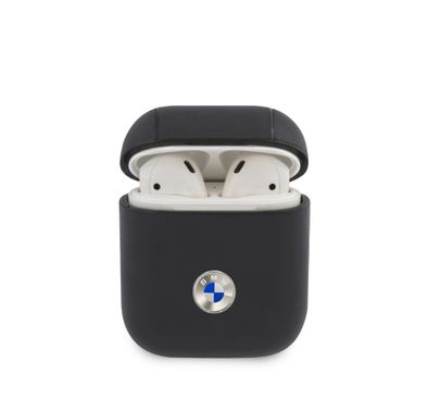 بي أم دبليو جراب من الجلد الأصلي للكمبيوتر الشخصي مع شعار معدني فضي لسماعات ايربودز 1/2 ، مضاد للصدمات - كحلي