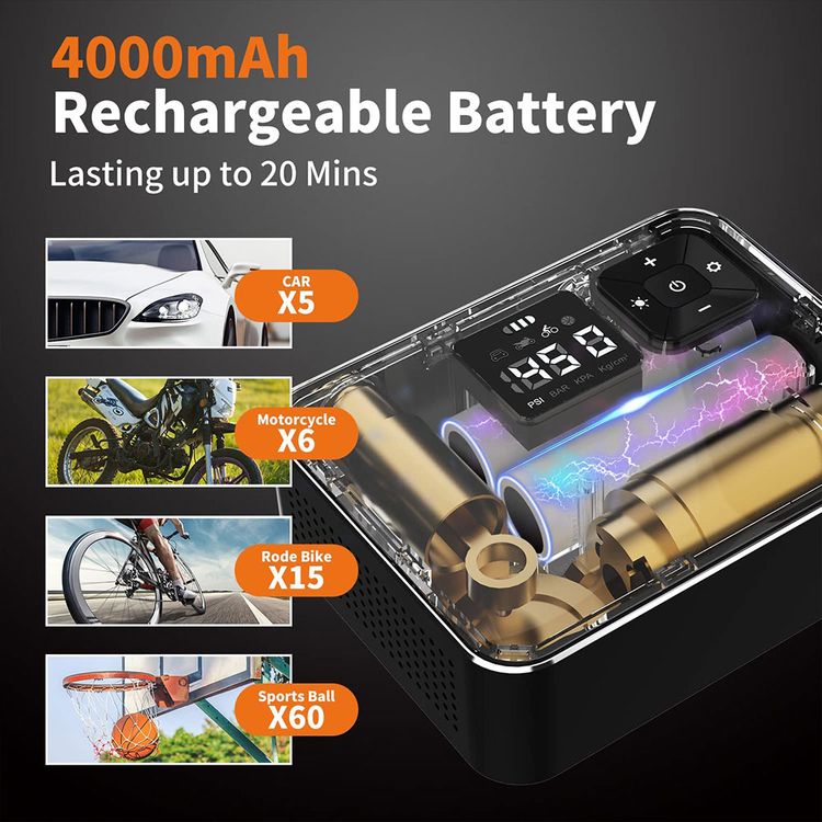 ThiEYE Air Compressor AirKit2, Portable Tire Inflator, 120 PSI Cordless Tire Pump, Digital LCD Screen, Light for Car Bike Motorcycle, Truck Ball