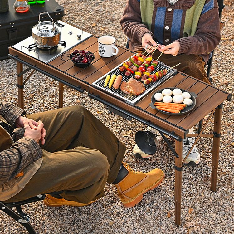 Porodo Lifestyle Portable Folding Camping Table with Detachable Stove and Mesh, 150kg Load Capacity, 45.5 to 58cm Height Range, Aluminum Material - Brown