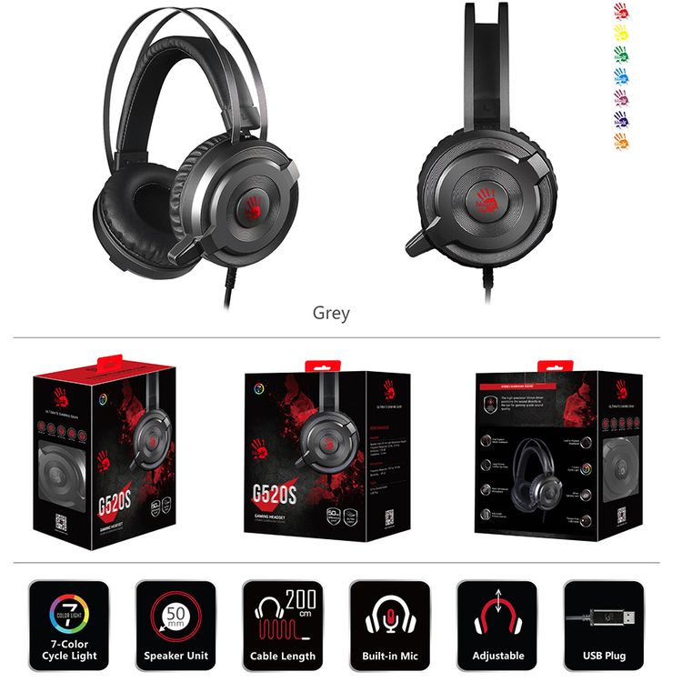 Bloody G520S 2.0 Gaming Headphones with Noise-Canceling Mic, Auto-Adjusting Headband, and 7-Color LED light - Black