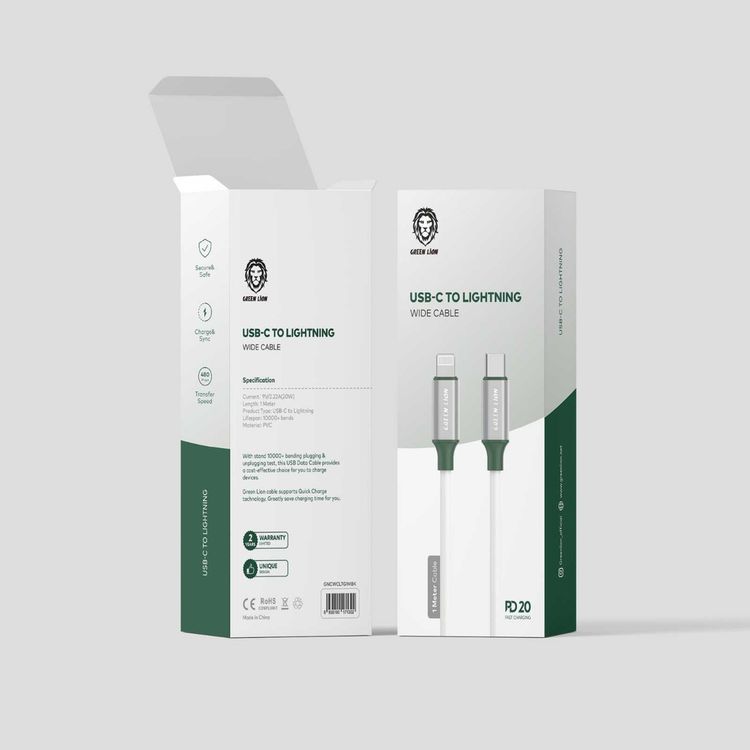 كابل Green Lion PVC USB-C إلى Lightning Wide 1M PD 20W - أبيض - 1 م