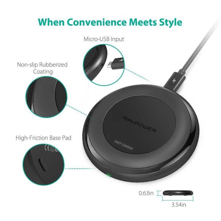RAVPower QC3.0 10W Fast Wireless Charging Pad Compatible with All Qi-enabled Phones - Fast & Stable Charging - Non-slip Rubberized Coating with Over-voltage Protection - Black
