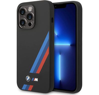 BMW M Collection Magsafe Compatibility Liquid Silicone Case Slanted Tricolor Stripes iPhone 14 Pro Compatibility - Black