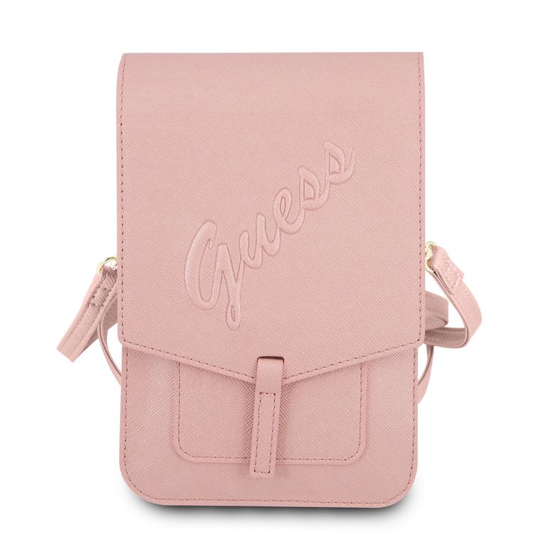 CG MOBILE Guess PU Saffiano Script Crossbody Wallet Bag with Adjustable Shoulder Strap, Portable Phone Storage Bag Suitable for Outdoor, Business, Office, School Pink