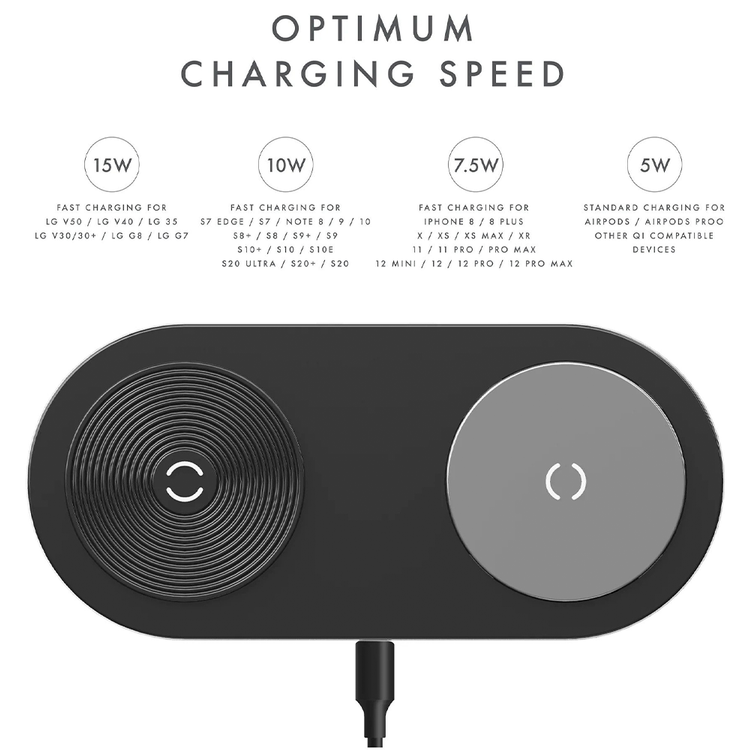 Powerology Dual Wireless Powerpad 15W Charger, Charge 2 Devices - Black