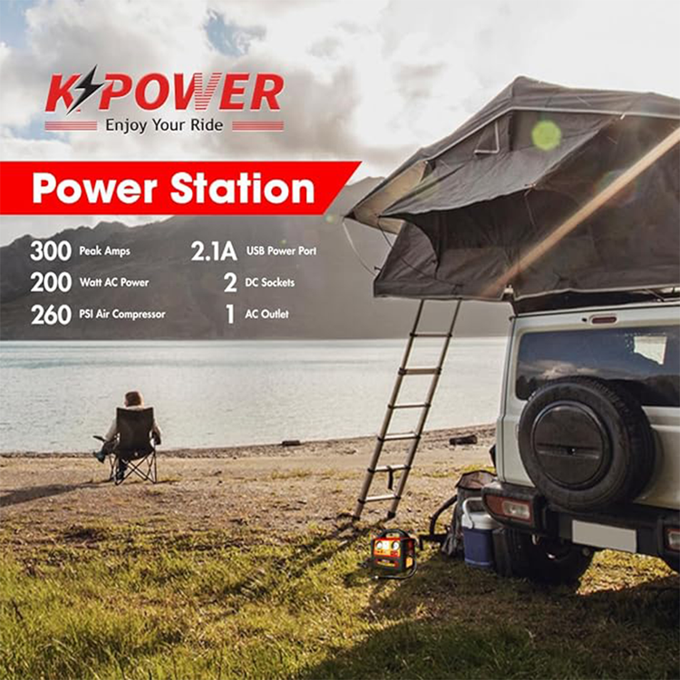 K POWER Portable Power Generator & Car Jump Starter, 1400 Peak Amp, 48000mAh, 200W, 220V, 260PSI Air Compressor, LED Light, High Power Safety