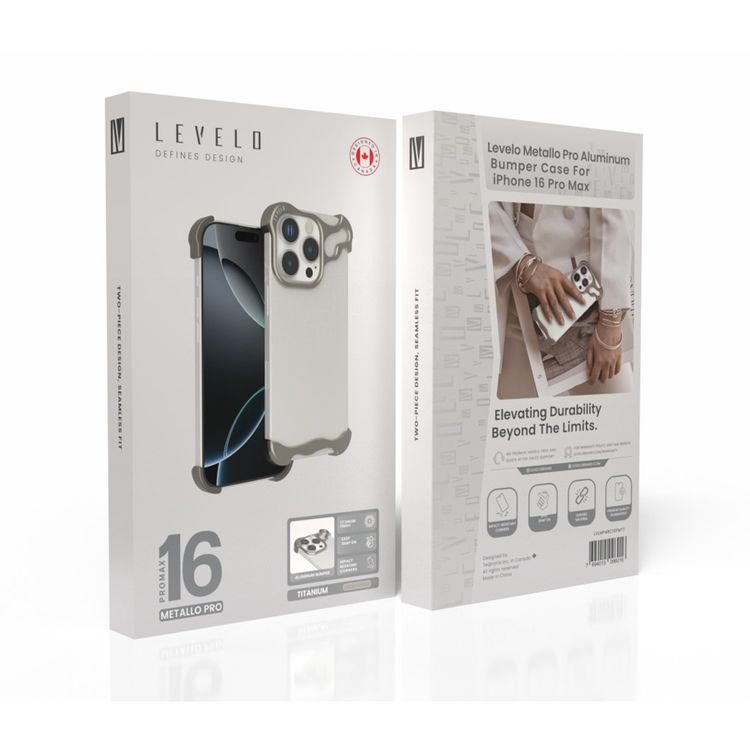 حافظة Levelo Metallo Pro المصنوعة من الألومنيوم لهاتف iPhone 16 Pro Max بزوايا مقاومة للصدمات، مادة متينة، سهلة التركيب، قبضة مريحة وآمنة - تيتانيوم