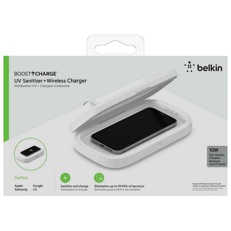 شاحن لاسلكي Belkin BOOST CHARGE™ بقدرة 10 واط مع مطهر للأشعة فوق البنفسجية - أبيض_x000D_
