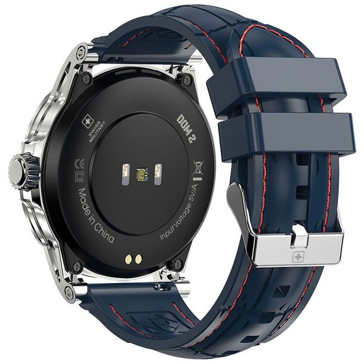 Swiss Military Dom2, up to 7 Days Battery Life, Receive & Make Calls, Heart Rate & Blood Pressure & Oxygen Level Monitoring, iOS & Android - Silver with Blue Silicon Strap  