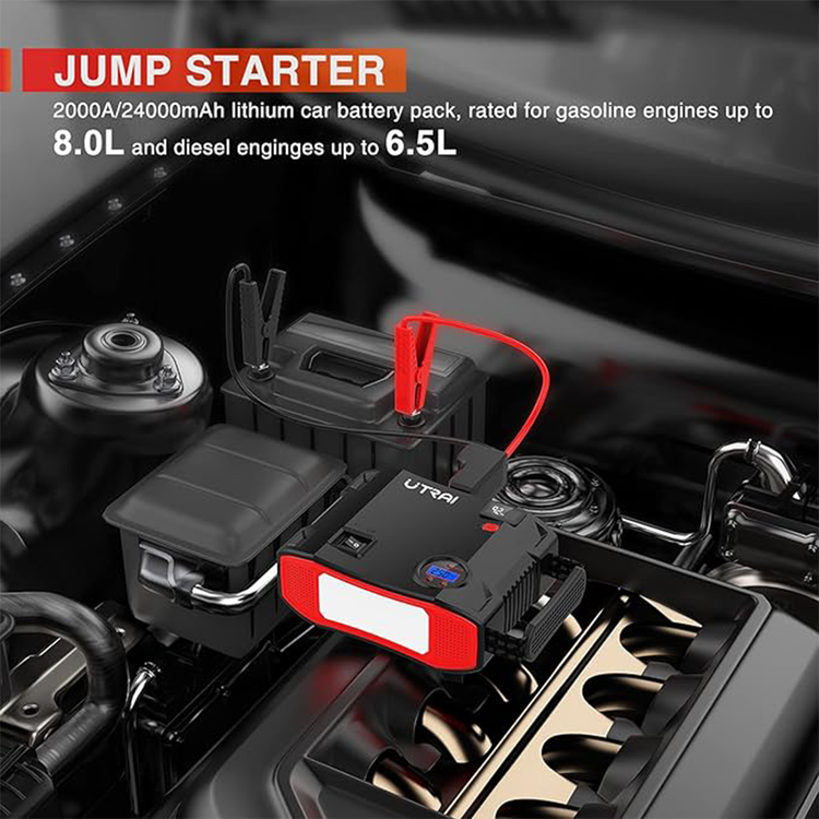 UTRAI Jstar 5 Portable Jump Starter & Air Compressor, 2000A 24000mAh, 150 PSI, 12V Battery Pack for 8L Gas & 7.5L Diesel Engines, Emergency Light, LCD Screen, USB QC3.0 - Black