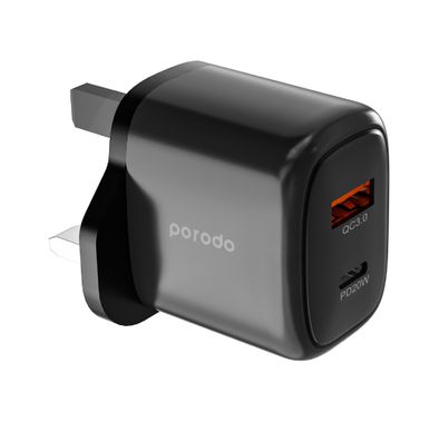 شاحن Porodo 20W+QC USB A+C مع كابل C-Lightning بطول 1.2 متر - أسود