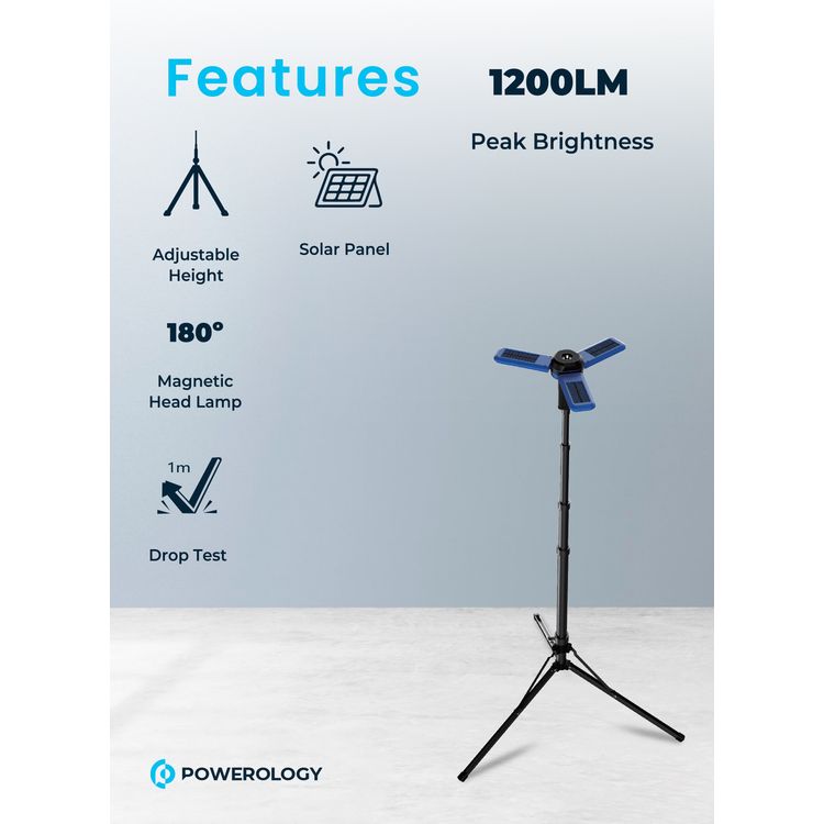 Powerology 2600mAh Camping Light with Tripod Stand, Built-in Solar Panels, 16 Hours Working Time, 5 Hours Charging Time, 180° Magnetic Head Lamp, 3 Light Modes, IPX4 - Black  