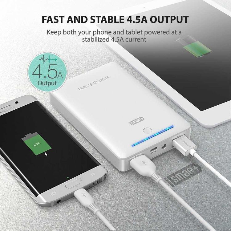 RAVPower Power Bank 16750mAh w/ Built-in Flashlight - Travel-friendly - Fast Charging Portable Charger Powerbank - Dual iSmart 2.0 Charging Port - Scratch Resistant Shell - White