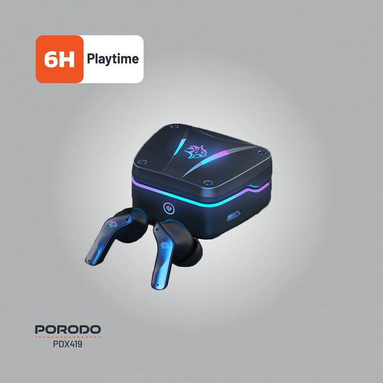 سماعات الأذن للألعاب من بورودو، بزمن استجابة منخفض للغاية، سعة بطارية 400 مللي أمبير في الساعة، وقت تشغيل 6 ساعات، بلوتوث 5.4، وقت استجابة أقل من 60 مللي ثانية، دعم ميكروفون مزدوج مع خاصية ENC، واجهة شحن من النوع-C - لون أسود