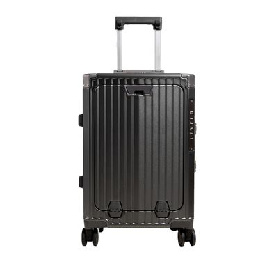 Levelo RoamRollers Travel Luggage with an Aluminum Body, USB-A & USB-C Output, Metal Corner Protection, Front Pocket Compatible with Up to 15.6" Laptop, Phone Holder and Cup Holder, Silent Spinner Wheels - Black 
