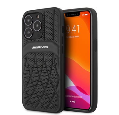 CG MOBILE AMG Genuine Leather Case With Perforated Black Leather Curved Lines Hot Stamped With Logo Compatible with iPhone 13 Pro Max (6.7") Easy Access to All Ports, Shock-Absorption, Anti-Scratch, & Drop Protection Back Cover Suitable with Wireless Charging Officially Licensed