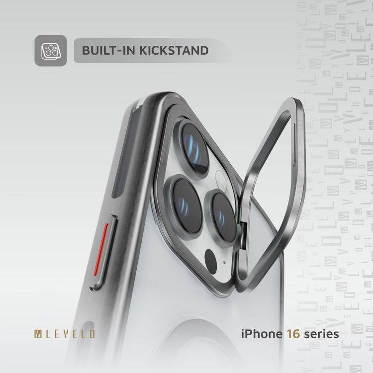 كفر حمية Levelo Elio PC مع حامل حلقي للكاميرا لهاتف iPhone 16 Pro Max، حامل مدمج، متوافق مع MagSafe - فضي 