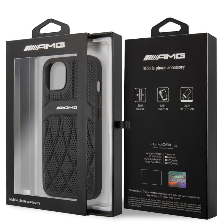CG MOBILE AMG Genuine Leather Case With Perforated Black Leather Curved Lines Hot Stamped With Logo Compatible with iPhone 13 Pro Max (6.7") Easy Access to All Ports, Shock-Absorption, Anti-Scratch, & Drop Protection Back Cover Suitable with Wireless Charging Officially Licensed
