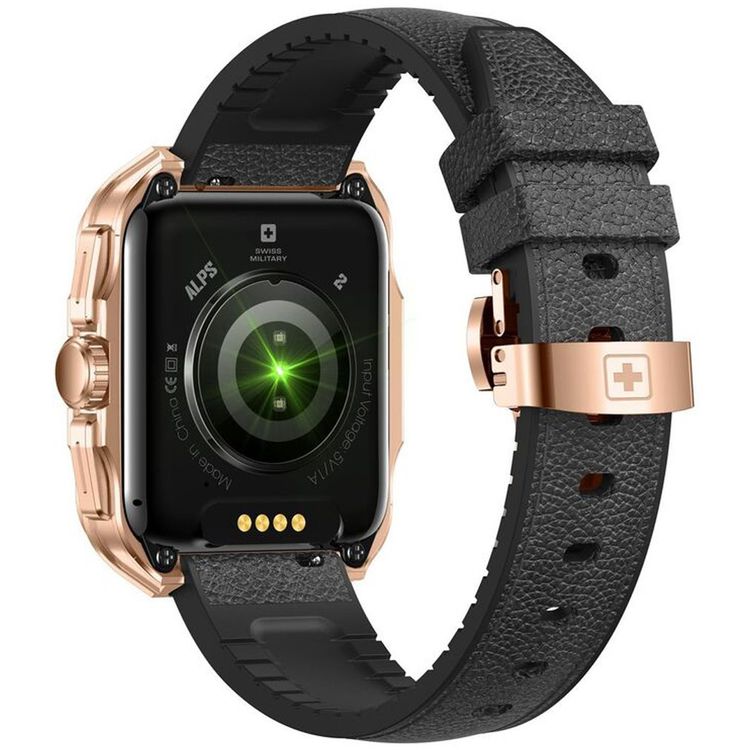 Swiss Military Alps 2, 1.85" HD Display, 4GB Built-in Memory, Workout Detection, Blood Pressure & Oxygen Level Monitoring, Make and Receive Calls - Rose Gold Frame and Black Leather Strap