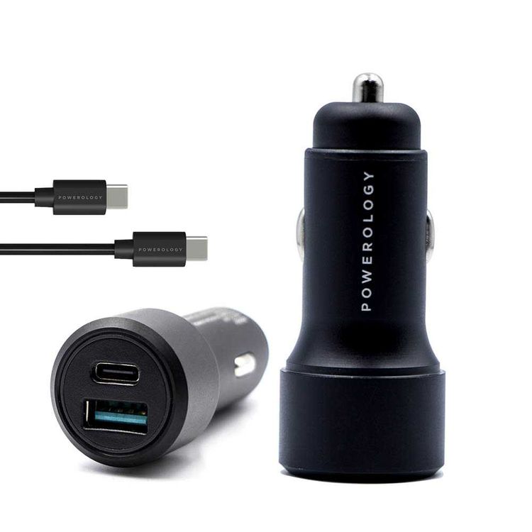 Powerology Aluminum USB + PD Car Charger 43W with Type-C Cable 0.9M - Black	
