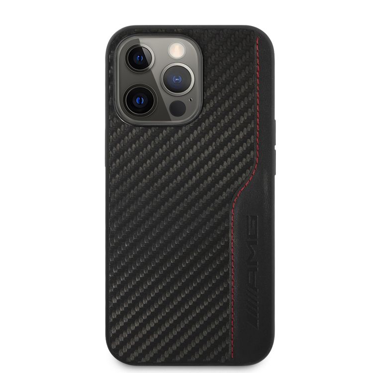CG MOBILE AMG Hard Case with PU Carbon Effect Leather & Red Stitching Line Hot Stamped Logo Compatible for iPhone 13 Pro Max (6.7") Easy Access to All Ports, Shock-Absorption, Anti-Scratch, & Drop Protection Back Cover Suitable with Wireless Charging Officially Licensed