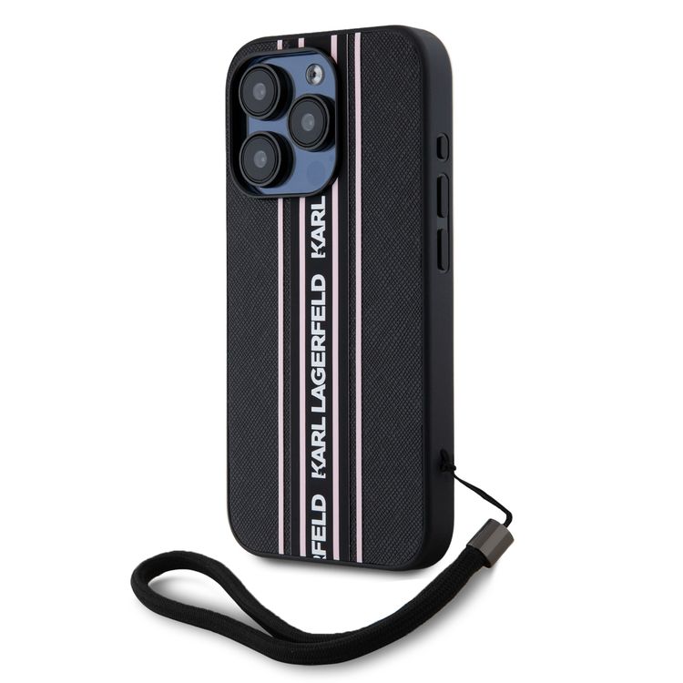 Karl Lagerfeld PU Hard Case with Athleisure Strips for iphone 16 Pro, Lightweight, High-Quality Material, Comfortable and secure grip - Pink