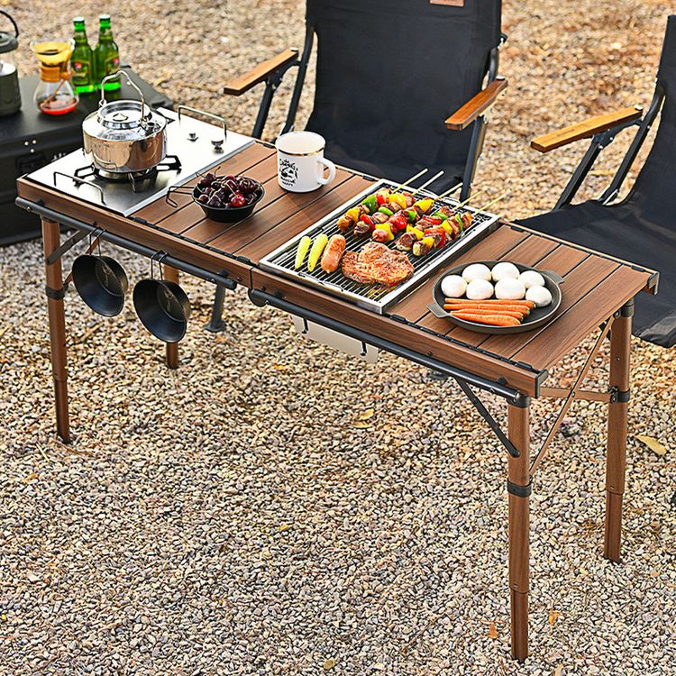 Porodo Lifestyle Portable Folding Camping Table with Detachable Stove and Mesh, 150kg Load Capacity, 45.5 to 58cm Height Range, Aluminum Material - Brown