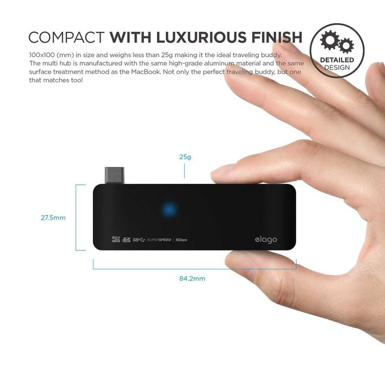 Elago Aluminum Multi Hub Type-C, SD Card Reader, MicroSD Card Reader, & two USB 3.0 ports, Multiple Devices All at Once (2W MAX), Perfect Travel Buddy! Stable Power Supply - Black