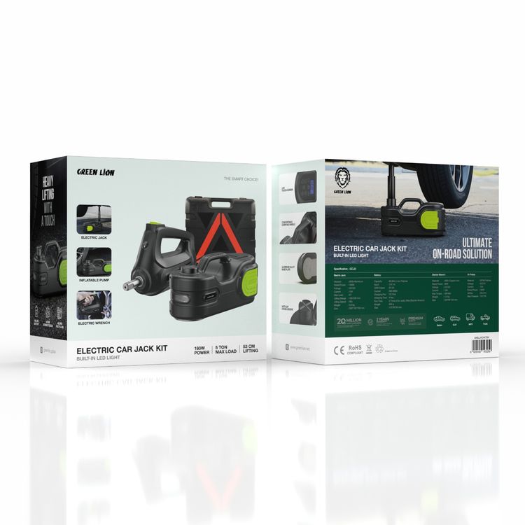 Green Lion Electric Car Jack Kit with Built-in LED Light, 68.8 Ah Li-ion Polymer Battery Capacity, 300-600 A Battery Current, 3 Times Battery Run Time for Car Jack, 160 W Air Pump Rated Power - Black