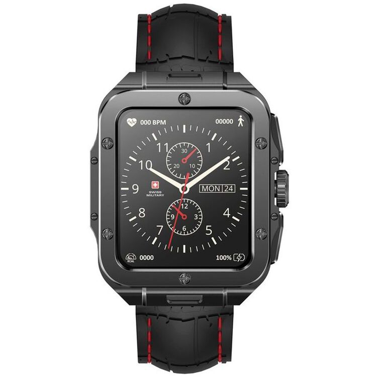 ساعة سويس ميليتاري ألبس 2، شاشة عالية الدقة مقاس 1.85 بوصة، ذاكرة مدمجة 4 جيجابايت، اكتشاف التمرين، مراقبة ضغط الدم ومستوى الأكسجين، إجراء واستقبال المكالمات - إطار معدني وحزام سيليكون أسود