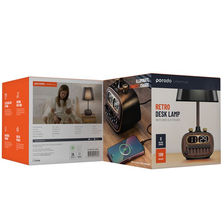 مصباح مكتبي ريترو من بورودو مع ضوضاء بيضاء ومكبر صوت بتقنية البلوتوث ووظيفة التنبيه والغفوة و3 مستويات سطوع (منخفضة ومتوسطة وعالية) وشحن لاسلكي مزدوج وشاشة رقمية عالية الدقة - أسود 