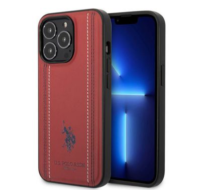 USPA PU Leather Case with Stitched Lines Double Line & Horse Logo iPhone 14 Pro Max Compatibility - Red