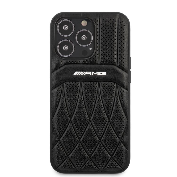 CG MOBILE AMG Genuine Leather Case With Perforated Black Leather Curved Lines Hot Stamped With Logo Compatible for iPhone 13 Pro (6.1") Easy Access to All Ports