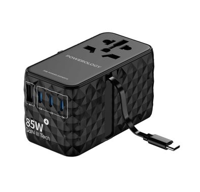 Powerology Universal Adapter 85W Super Charger with Type-C Cable - Black