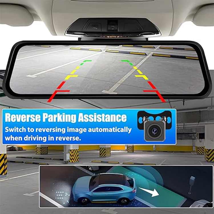 كاميرا مرآة الرؤية الخلفية الذكية ROADPOWER 4K مقاس 10 بوصات، وكاميرا أمامية للوحة القيادة، وشاشة تعمل باللمس، وكاميرا احتياطية، وشاشة مراقبة وقوف السيارات