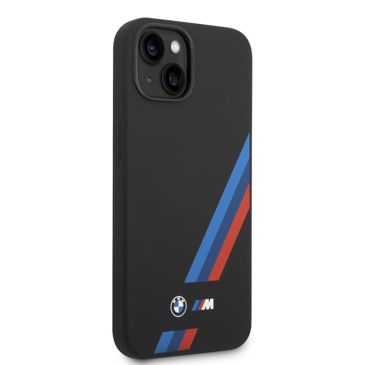 BMW M Collection Liquid Silicone Case with Slanted Tricolor StripesPU , Easy Access to all Ports, iPhone 14 Compatibility - Black