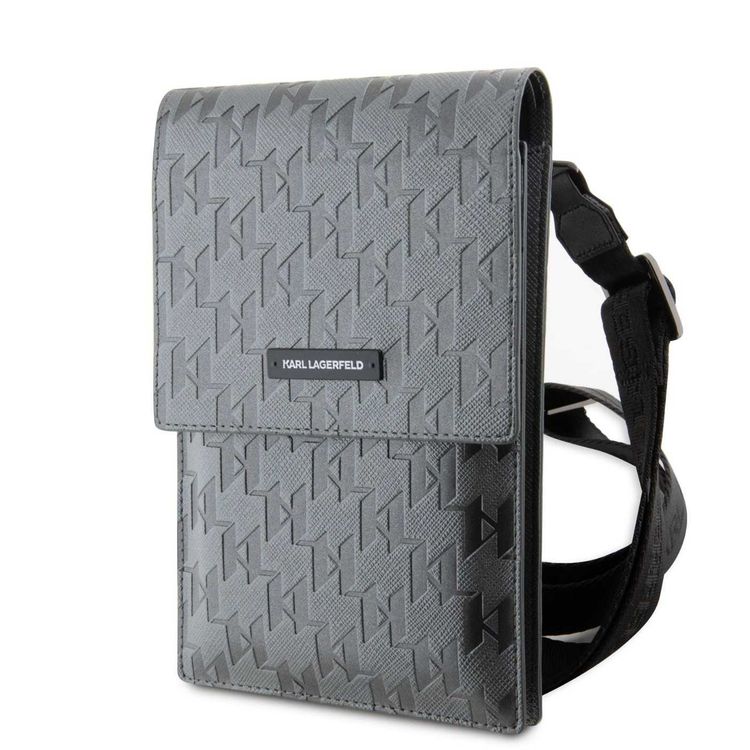 Karl Lagerfeld Monogram Plate Phone Pouch with Strap and Cardslots - Grey