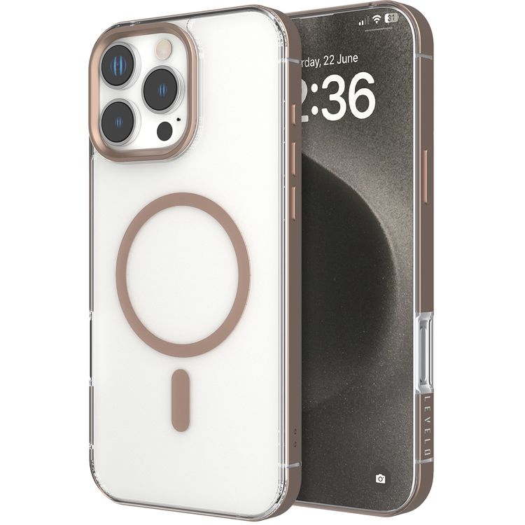 Levelo Claire Magsafe Case with Aluminum Bumper Case for iPhone 16 Pro, Hybrid Case, MagSafe Compatibility - Rose Gold Titanium