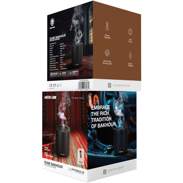 مبخرة بخور الكثبان الرملية من جرين ليون بسعة بطارية 2000 مللي أمبير، مادة PA66 والنايلون، درجة حرارة تسخين 300-400 درجة مئوية، وقت شحن 2 ساعة، منفذ شحن من النوع C، رائحة قوية، ملقط متضمن - أسود