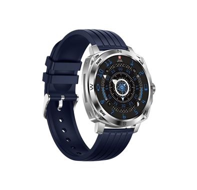 Swiss Military DOM4 Smartwatch, 1.43" AMOLED Display, Built in Compass, Bluetooth Calling, Workout Detection - Silver with Blue Silicon Strap