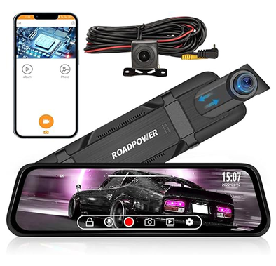 كاميرا مرآة الرؤية الخلفية الذكية ROADPOWER 4K مقاس 10 بوصات، وكاميرا أمامية للوحة القيادة، وشاشة تعمل باللمس، وكاميرا احتياطية، وشاشة مراقبة وقوف السيارات