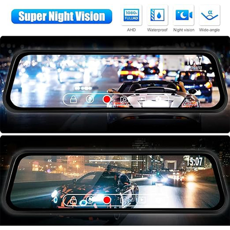 كاميرا مرآة الرؤية الخلفية الذكية ROADPOWER 4K مقاس 10 بوصات، وكاميرا أمامية للوحة القيادة، وشاشة تعمل باللمس، وكاميرا احتياطية، وشاشة مراقبة وقوف السيارات