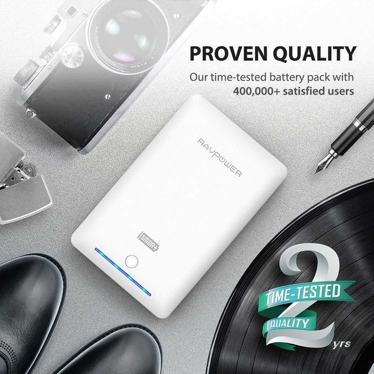 RAVPower Power Bank 16750mAh w/ Built-in Flashlight - Travel-friendly - Fast Charging Portable Charger Powerbank - Dual iSmart 2.0 Charging Port - Scratch Resistant Shell - White