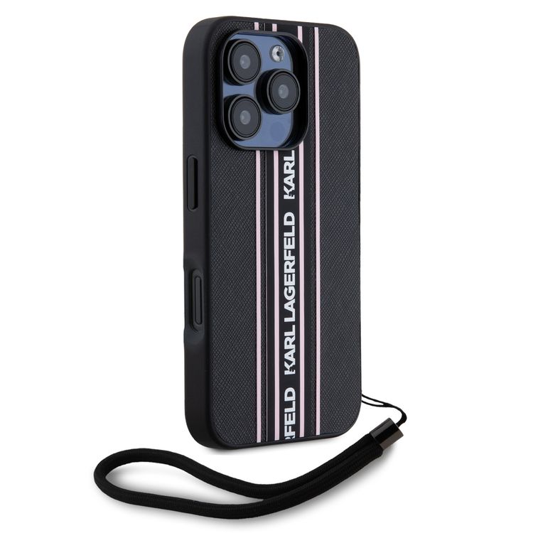 Karl Lagerfeld PU Hard Case with Athleisure Strips for iphone 16 Pro, Lightweight, High-Quality Material, Comfortable and secure grip - Pink