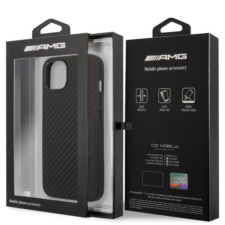 CG MOBILE AMG Hard Case with PU Carbon Effect Leather & Red Stitching Line Hot Stamped Logo Compatible for iPhone 13 Pro Max (6.7") Easy Access to All Ports, Shock-Absorption, Anti-Scratch, & Drop Protection Back Cover Suitable with Wireless Charging Officially Licensed