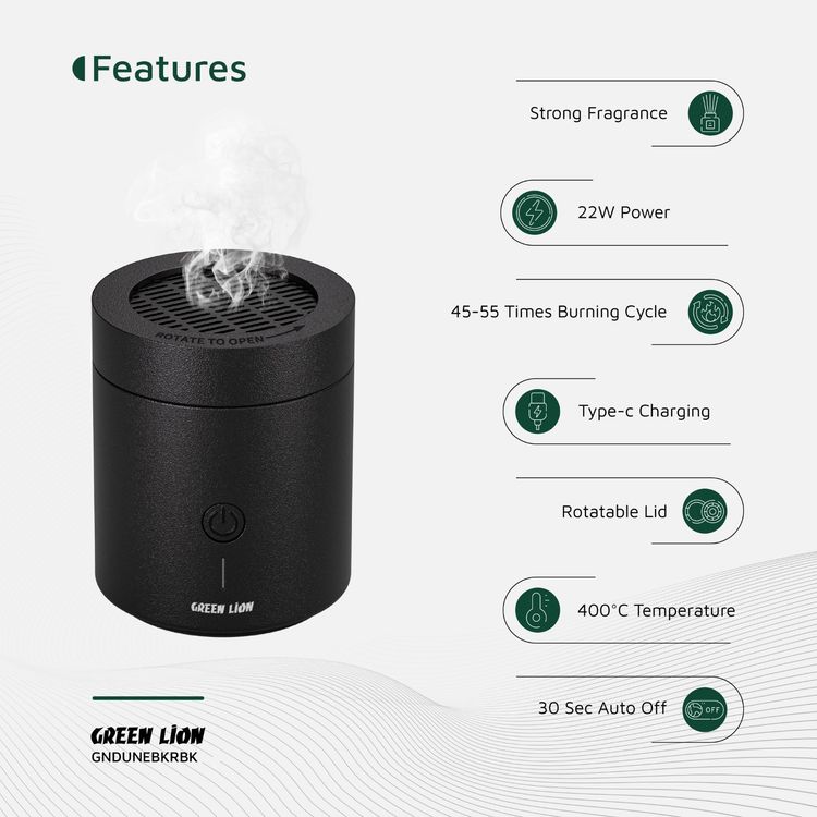 مبخرة بخور الكثبان الرملية من جرين ليون بسعة بطارية 2000 مللي أمبير، مادة PA66 والنايلون، درجة حرارة تسخين 300-400 درجة مئوية، وقت شحن 2 ساعة، منفذ شحن من النوع C، رائحة قوية، ملقط متضمن - أسود