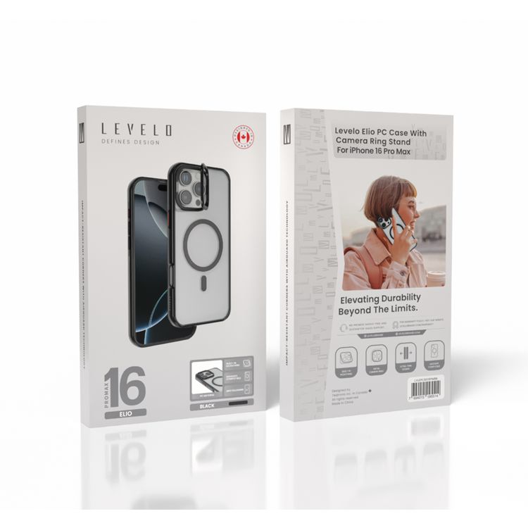 كفر حماية Levelo Elio PC مع حامل حلقي للكاميرا لهاتف iPhone 16 Pro، حامل مدمج، متوافق مع MagSafe - أسود 